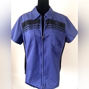 Harley Davidson Women Purple Black Zip Up Short Sleeve Biker Moto Shirt Size XL